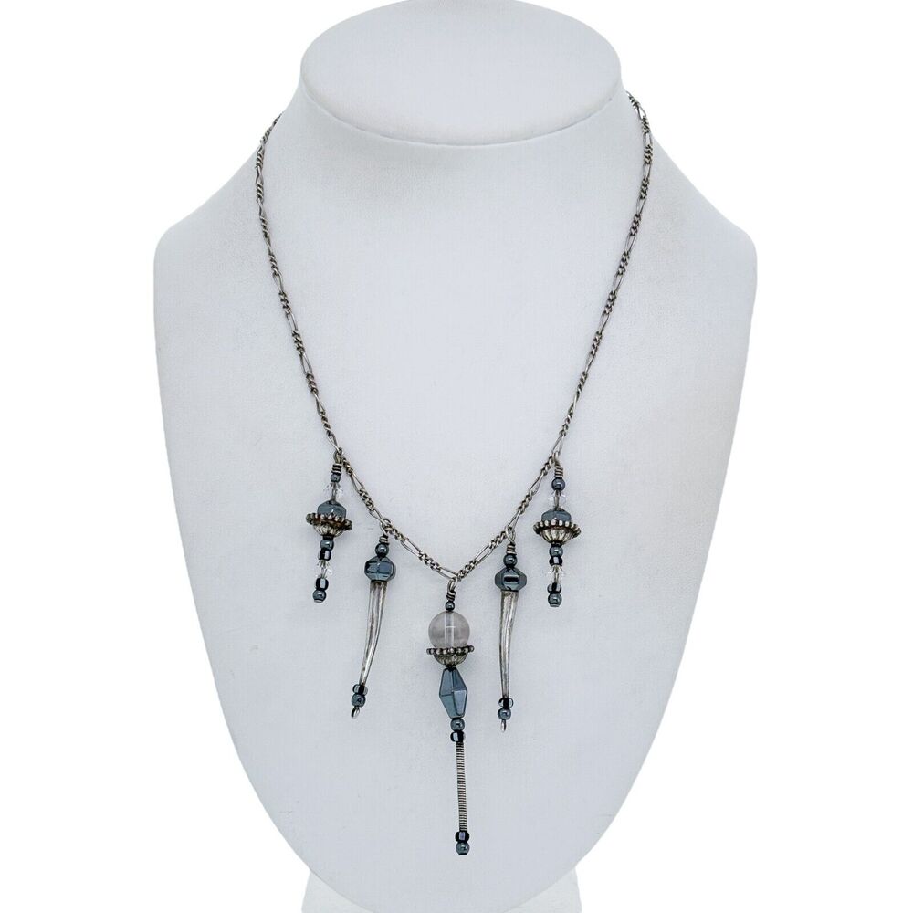Vintage Sterling Silver 925 Quartz Hematite Crystal Dangle Bib Necklace 16"